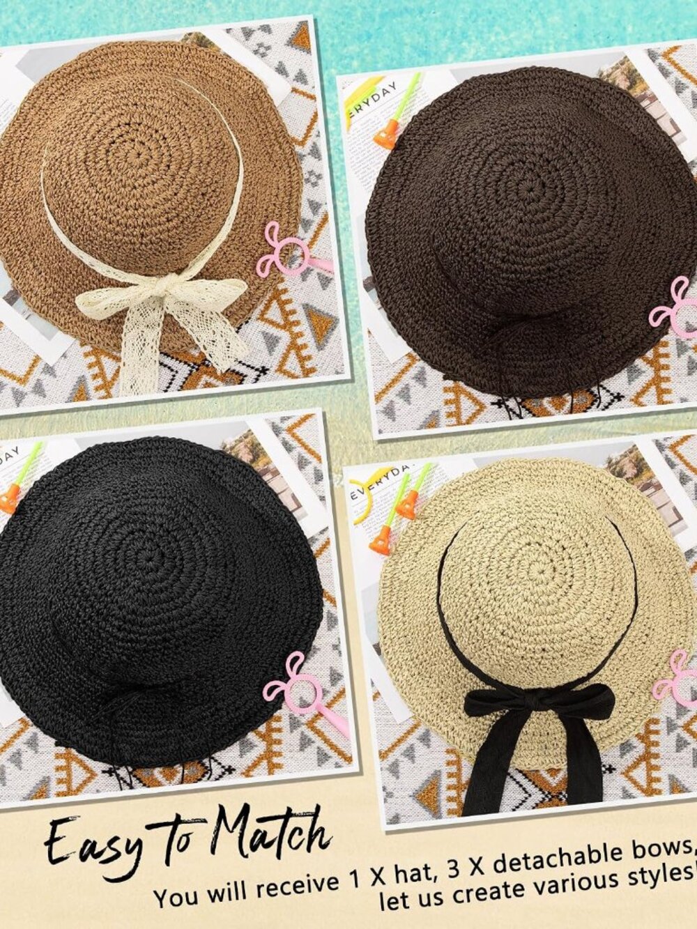 Beach Straw Hats for Women, Handmade Floppy Bucket Sun Hat for Summer Vacation W - Picture 6 of 6